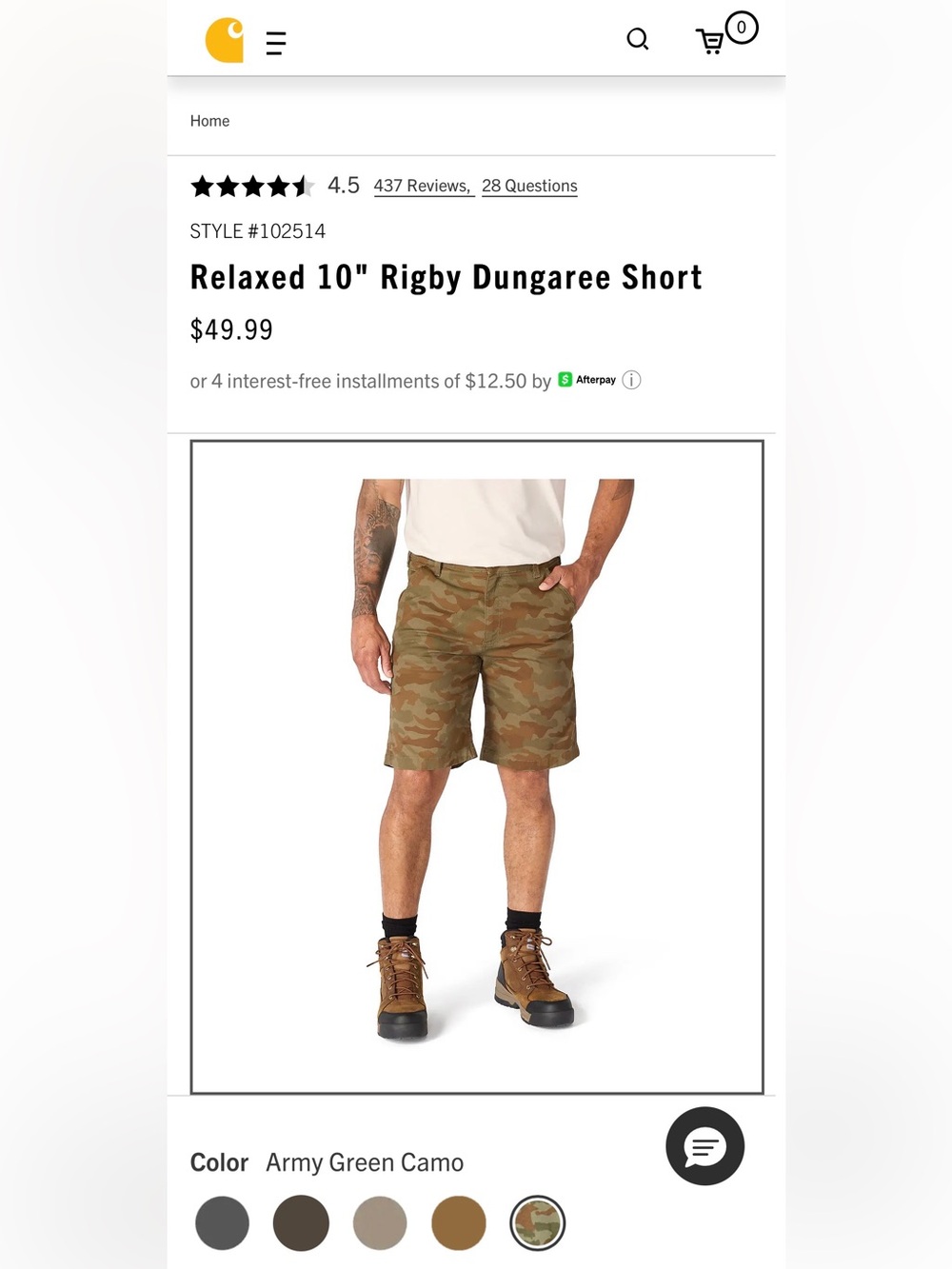 Carhartt Men's Relaxed 10" Rigby Dungaree Short in Army Green Camo size 34